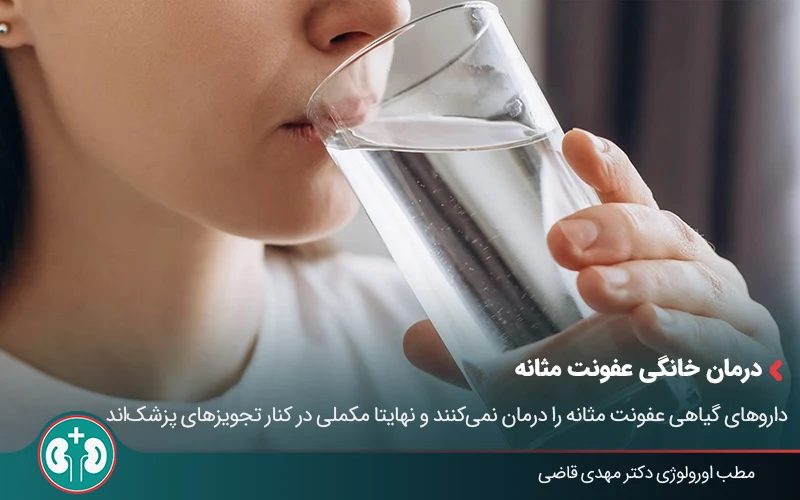 زنی در حال نوشیدن یک لیوان آب، به عنوان یکی از مهم‌ترین روش‌های پیشگیری و درمان خانگی عفونت مثانه